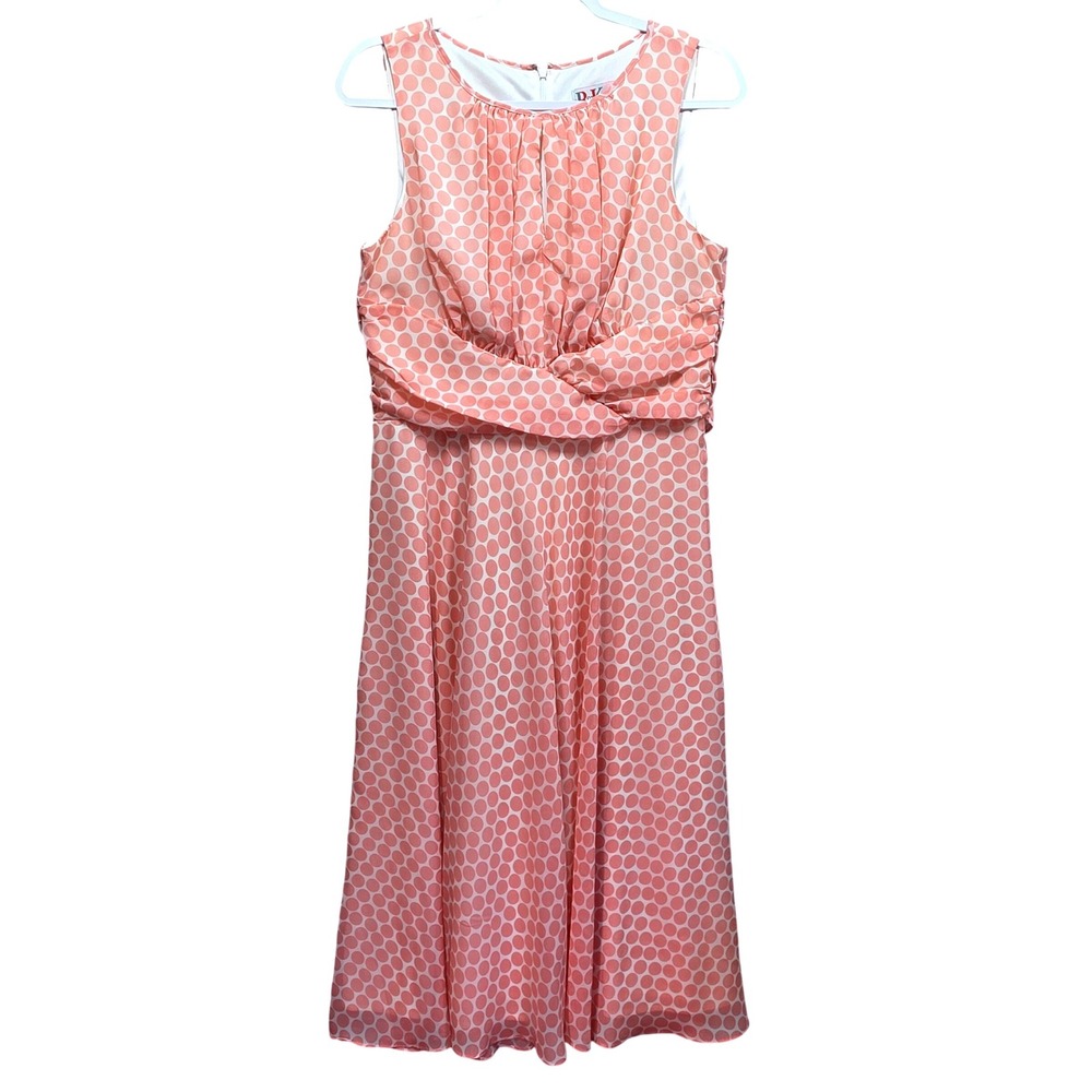R‎ and K Originals Pink Polka Dot Midi Dress Sz 2 Elastic Ruched Waist Back Bow